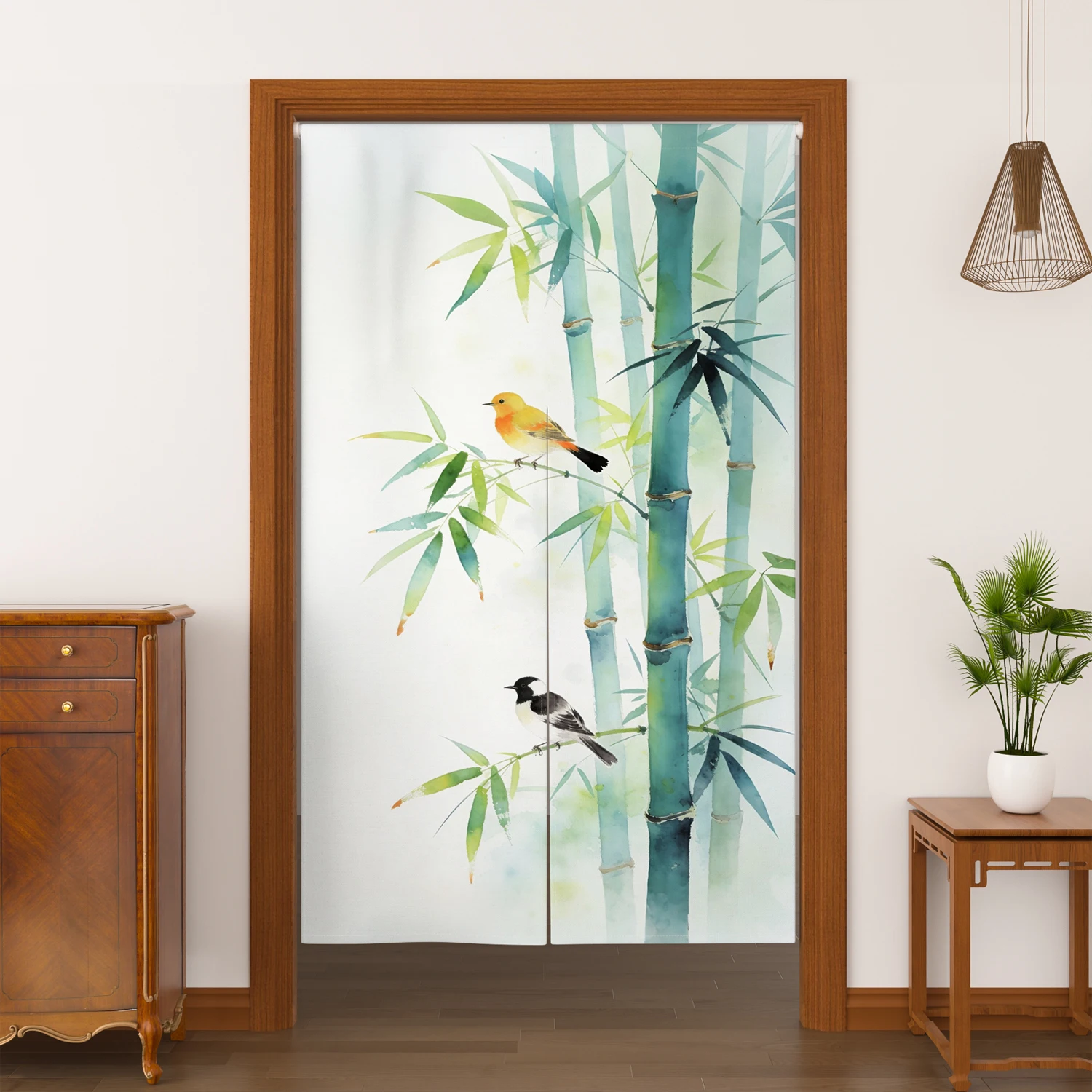 Chinese Watercolor Noren Door Curtains Camellia Lily Bamboo Bird Lotus Koi Linen Doorway Curtains Kitchen Entrance Half Curtain