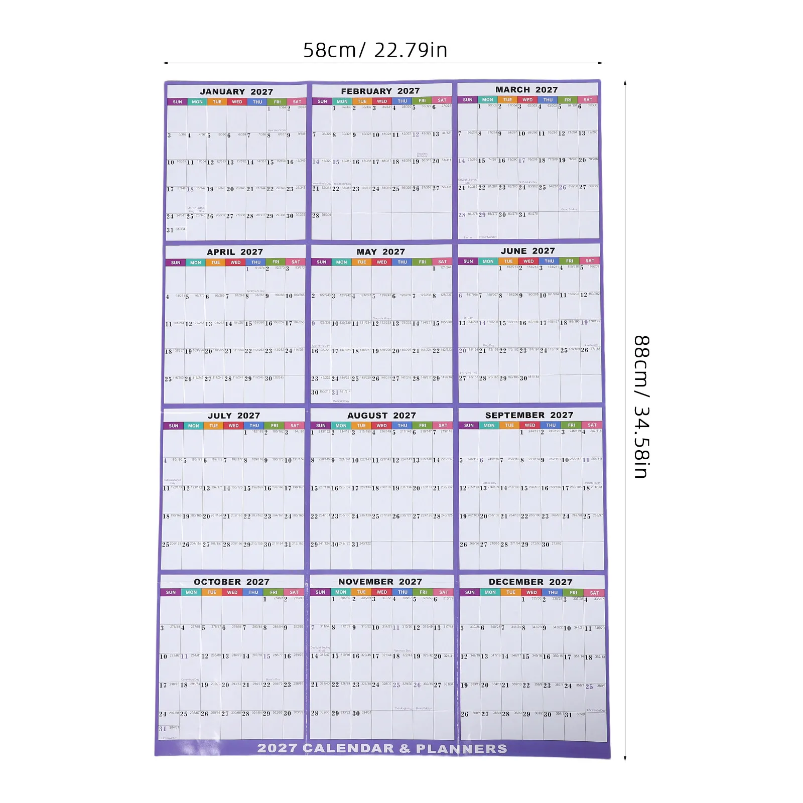 1Set 2027 Dry Erase Wall Calendar 35x23 Inches Extra Large Reversible Laminated Double Side Year Planner Marking Stickers