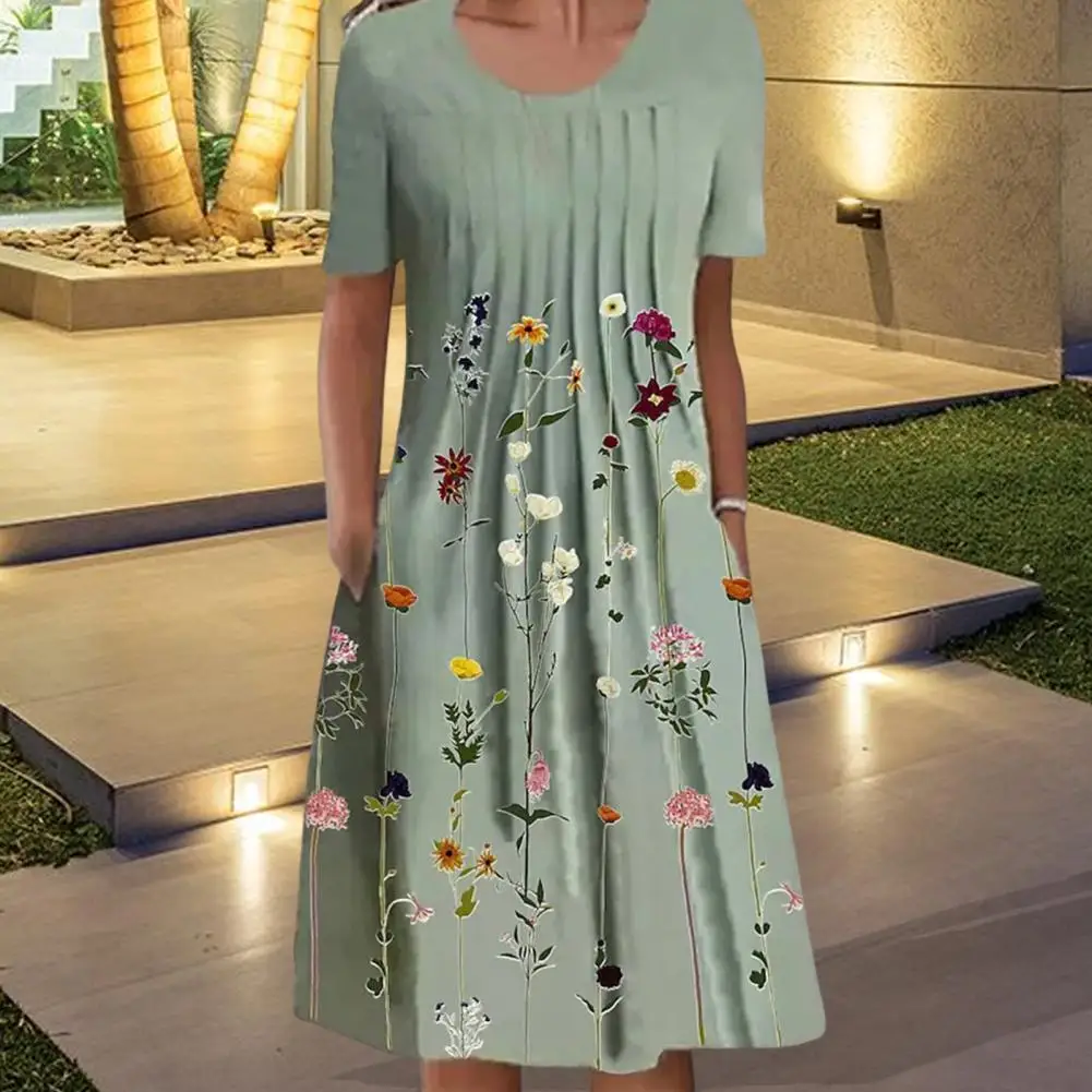 Floral Imprimir Mulheres Vestido de Verão O Pescoço de Manga Curta Bolso Vestido Solto Primavera A Linha Plissadas Partido Vestidos robe платье женское