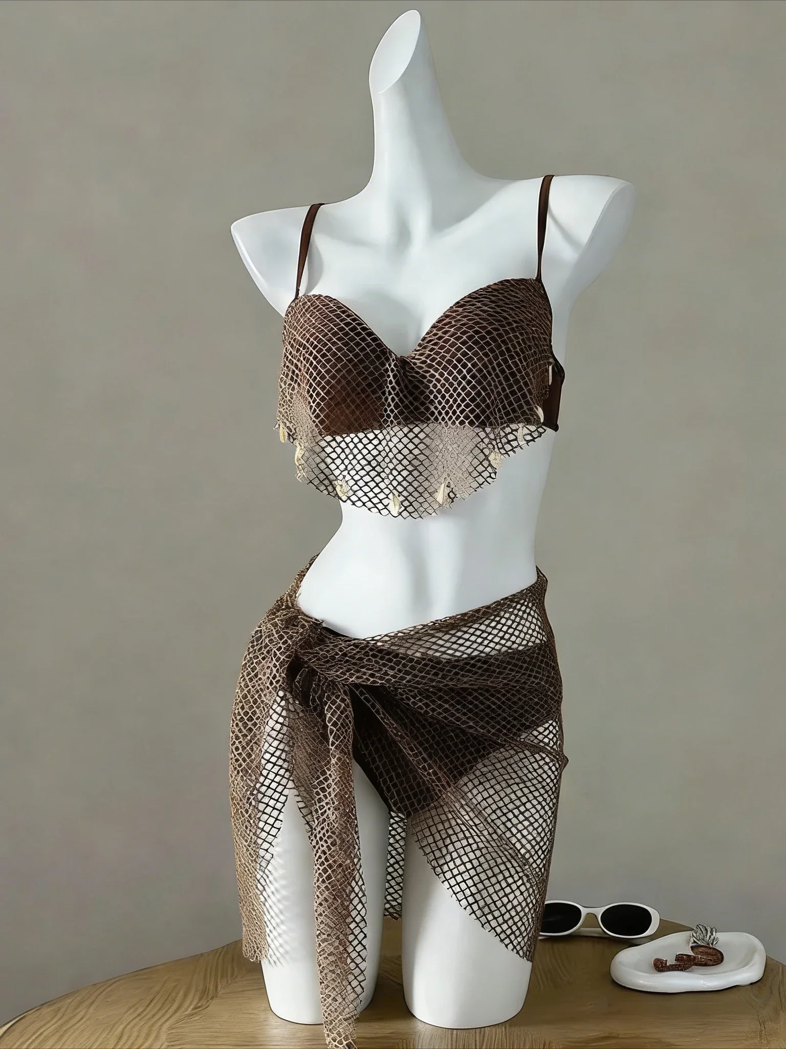 

2026 Fashion Solid Color Three Piece Bikini Set High Cut Leg Tie Back Stretchy Swimwear Beach Bathing Suit Women Summer Holiday