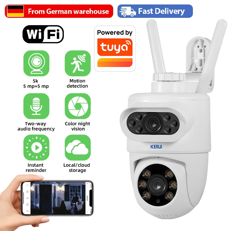 KERUI HD 5K 10MP WLAN IP-Kamera mit Doppellinse für Außenbereich, Kabellose PTZ-Kamera, CCTV Kompatibel mit Tuya Smart Home Sicherheitsvideoüberwachung
