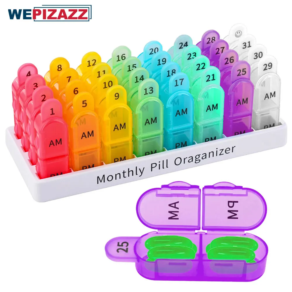 

1 Set 31 Day Pill Box Organizer 2 Times A Day, AM PM, Weekly Pill Holder for Fish Oil, Vitamins, Supplements