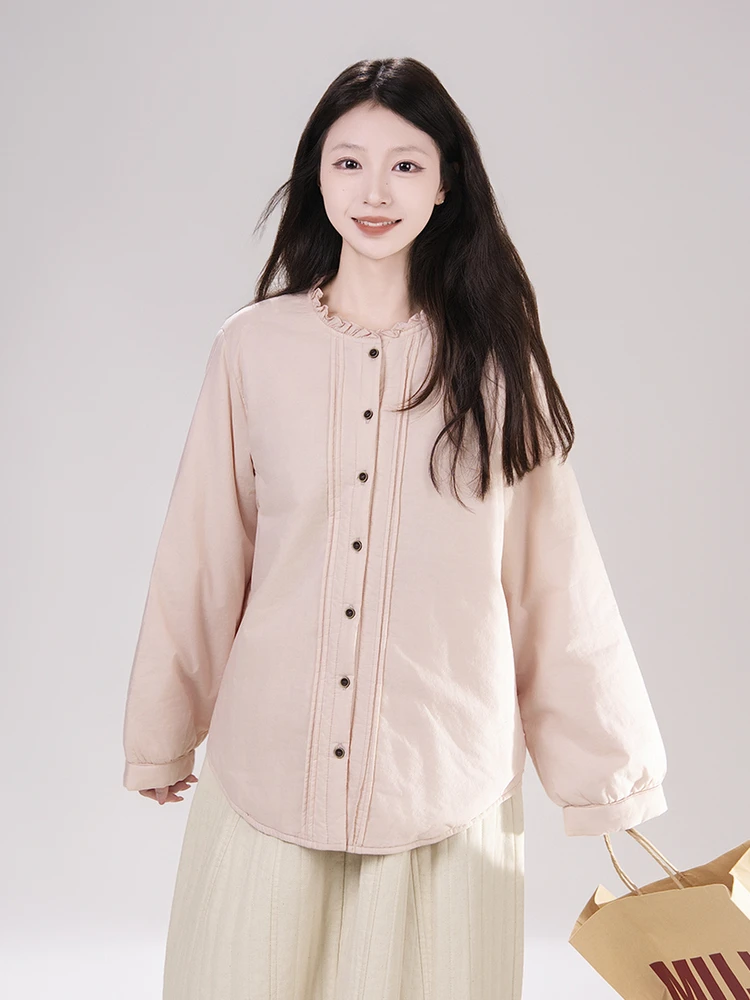 

Женское свободное пальто Artisanal из японского хлопка с воротником-стойкой, розовое свободное верхнее белье, теплое молодежное зимнее пальто