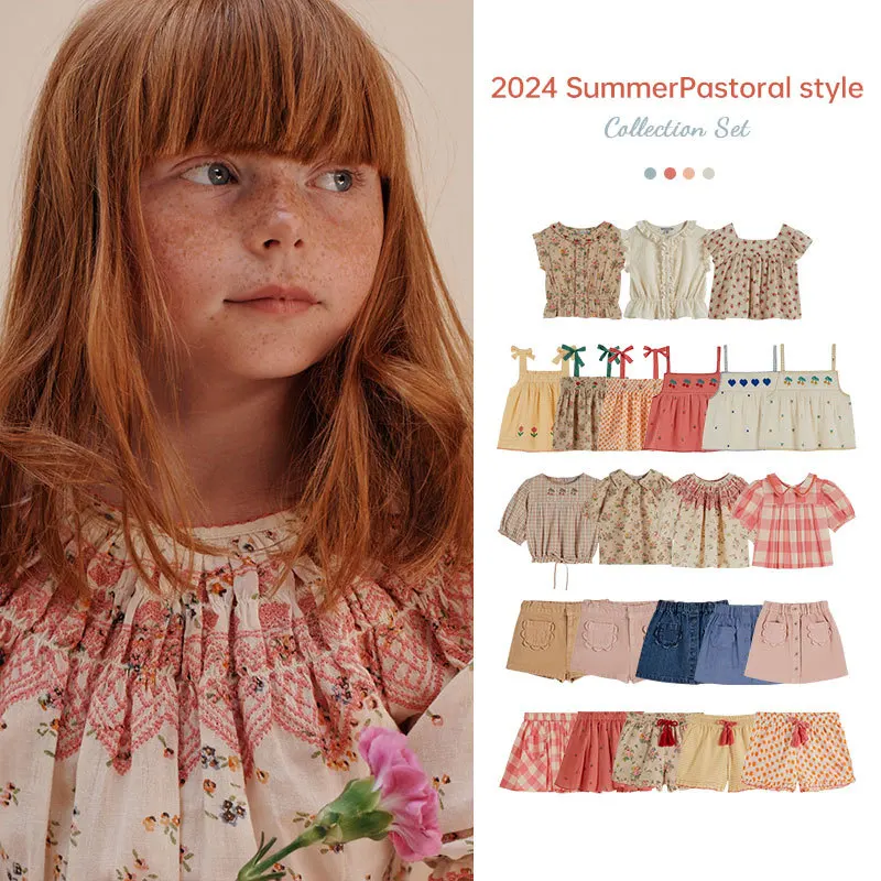 

Girls Short Sleeve Top 2024 Summer Embroidery Girls Camisole Vest Half Skirt Set Cotton Cowboy Back Skirt Children's Clothing