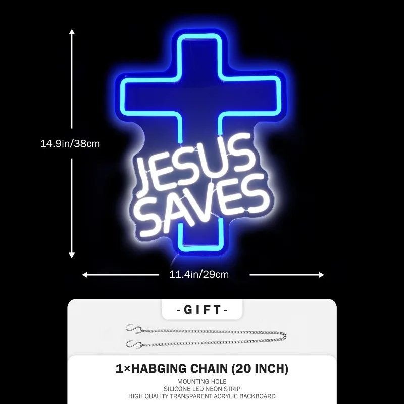 Imagem -04 - Cross Neon Signs Jesus Salva Led Wall Decor Regulável Sala de Estar Cristão Igreja Eventos Aniversário Natal 5v Usb Vermelho Azul