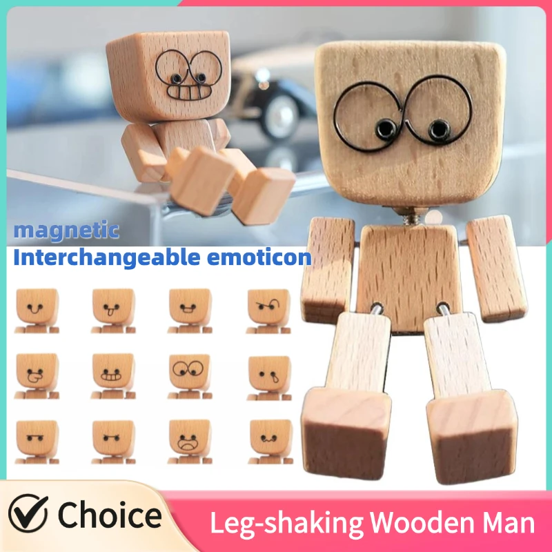 

Leg-shaking Wooden Man Car Dashboard Decor Funny Magnetic Interchangeable Emoticon Leg-swinging Wooden Man Figurine Ornaments