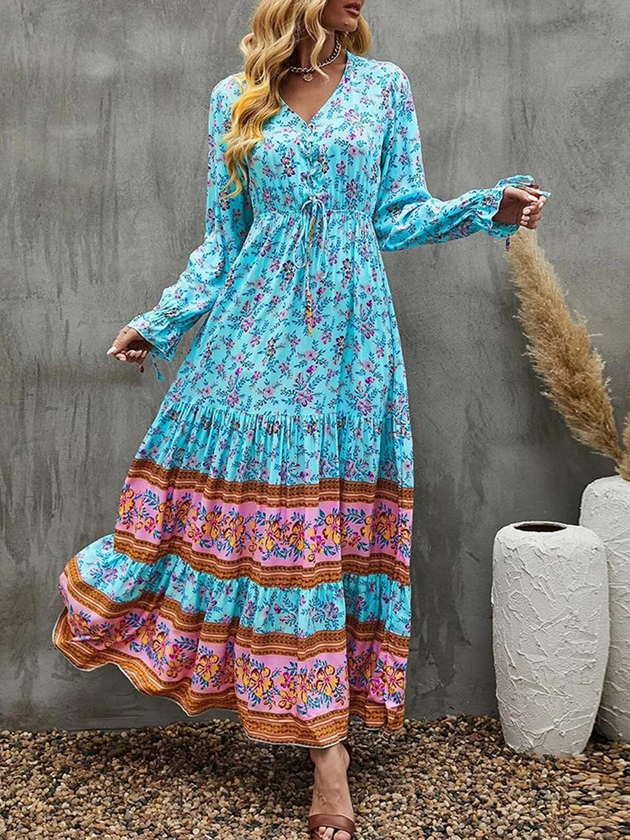 Long Dresses for Women Bohemia Floral Print V Neck Wrap Boho Dress Female Summer Long Sleeve Loose Beach Holiday Sundress