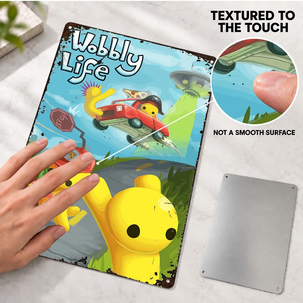 Wobbly Life Textured Metal Poster Personalized Aluminum Sign Playful Yellow Characters Illustration Wall Art For Game Lounge