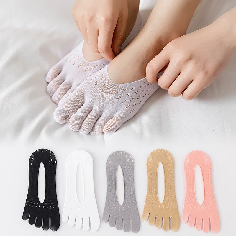 5 Pairs Five Finger Boat Socks Women Thin Spring Summer Plain Weave Shallow Mouth Velvet Ice Silk Sweat Absorbent Gel Toe Socks