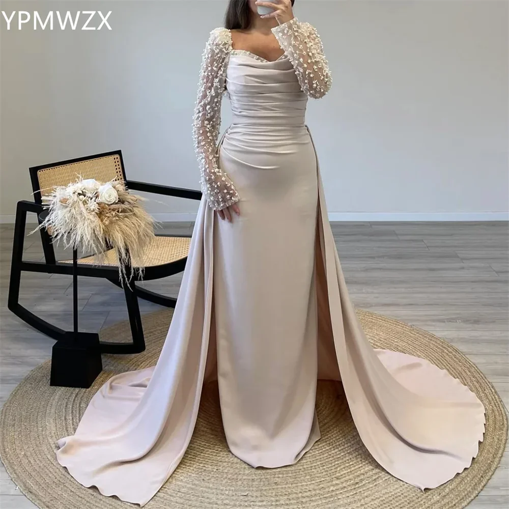 Customized Evening Dress Women Prom Gown Formal YPMWZX Square Collar Column Floor Length Skirts Shirred Bead Pearl Bespoke Occas