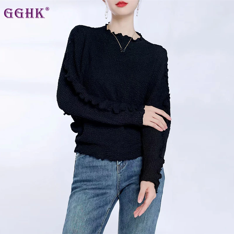 

GGHK Miyake Pleated Autumn and Winter New Women Bottoming Shirt Solid Color American Retro Design Long-sleeved Fashion Top