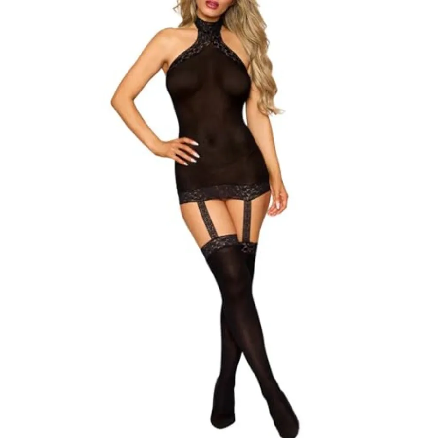 

Womens Sheer Chemise Garter Nightdress Mesh Mini Dress with Stockings Full Slip Babydoll Lingerie Suspender Tight