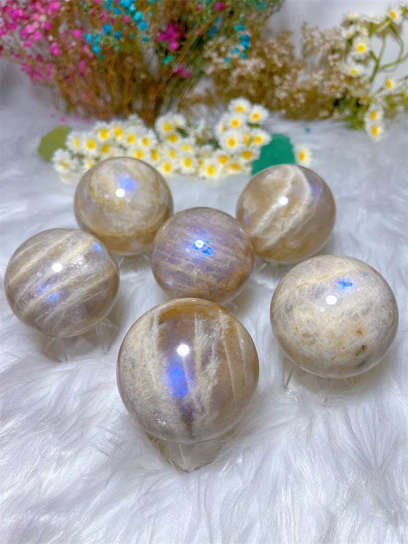 Natura Crystal Moonstone SPhere With Rain Bow Free Form Reiki Healing Stone Home Decoration Exquisite Gift