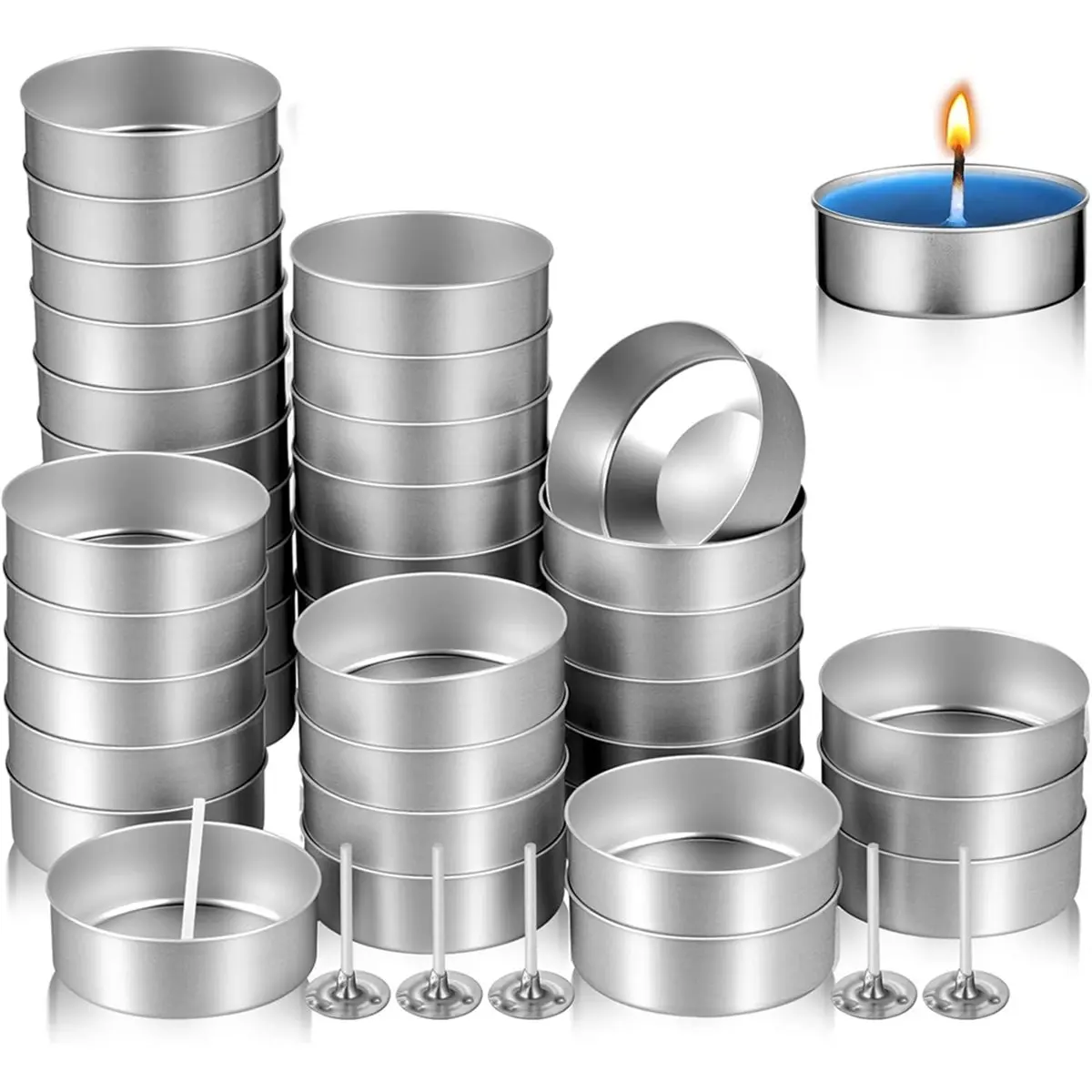 COFA 100 Pcs Aluminum Tea Light Cups with Wicks : Round Empty Candle Containers for DIY Candles Making Wedding Decor Favors
