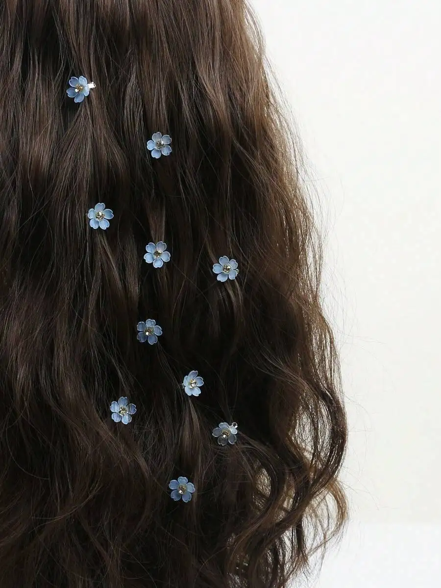 

10pcs Sky Blue Faux Pearl Floral Hairpins With Crystal Centers, Delicate Braid Decor For Wedding, Summer Events And Casual