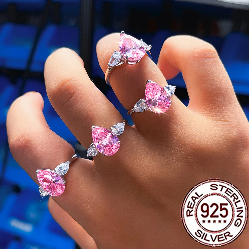 QooLady Verlobungs- und Ehering aus 925er-Sterlingsilber mit rosa Tropfenform und CZ-Seiten in Weiß, zierlicher, feiner Schmuck, Geschenk für Frauen, SR115 – Detail 4