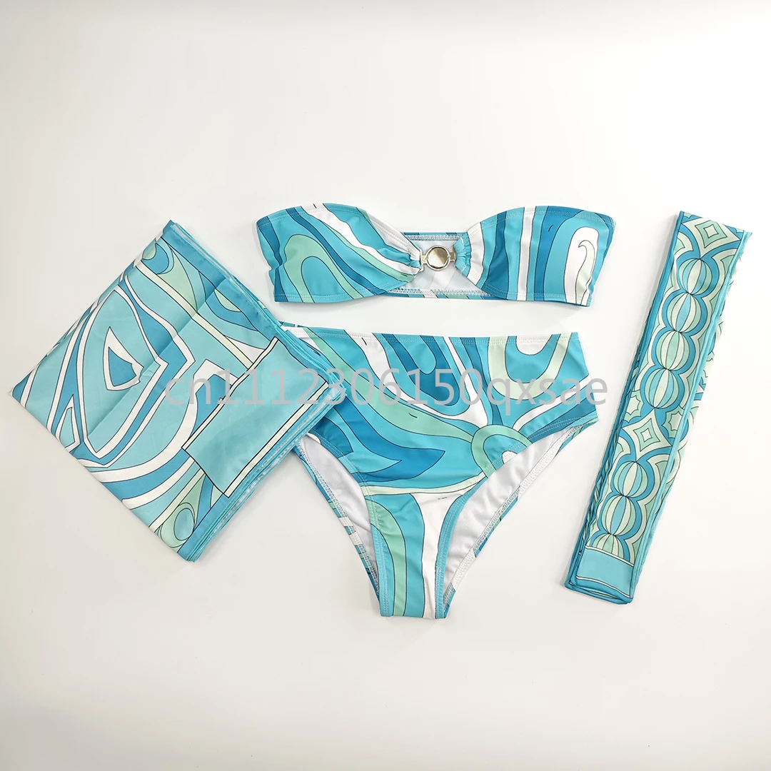 Luxury Design Blue Headband Scarf Split Swimsuits with Letter Signature Logo Designer Brand Beachwear Swimwear with Headband