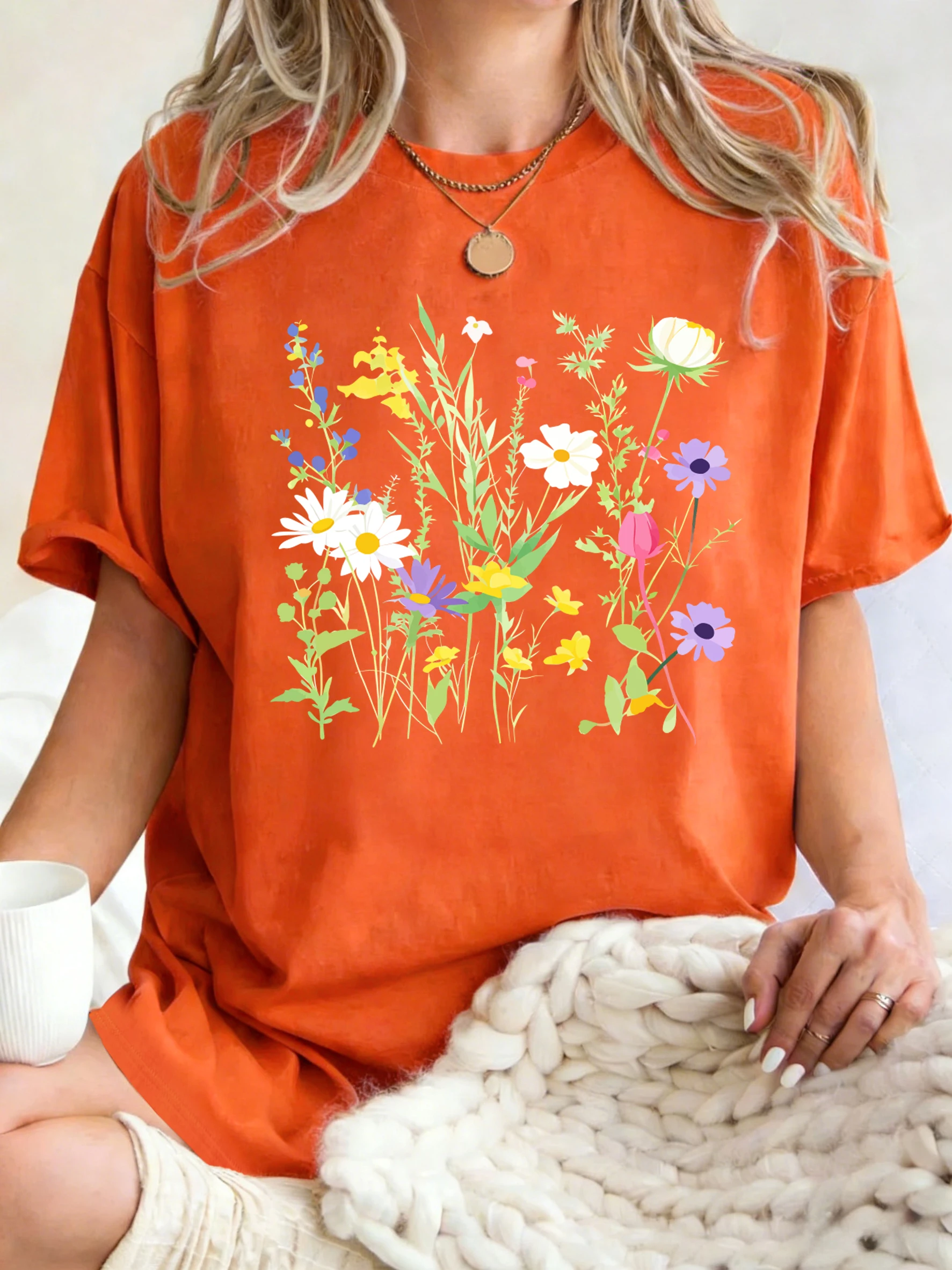 Various Flowers And Green Leaves Prints Women T Shirts Casual Sports Tops Y2K Cotton T-Shirt Summer Oversized Short Sleeve