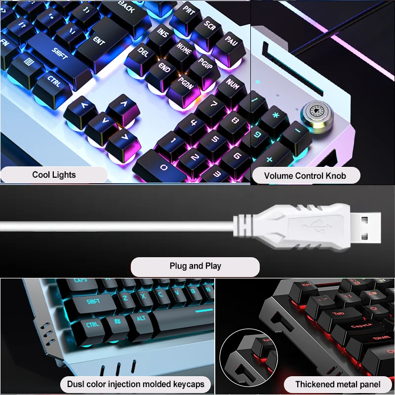 EWEADN Wired Silent Gaming Keyboard, 104 Keys Full-Size Ergonomic Keyboard with LED Backlight & Knob, for PC/Laptop Office Use