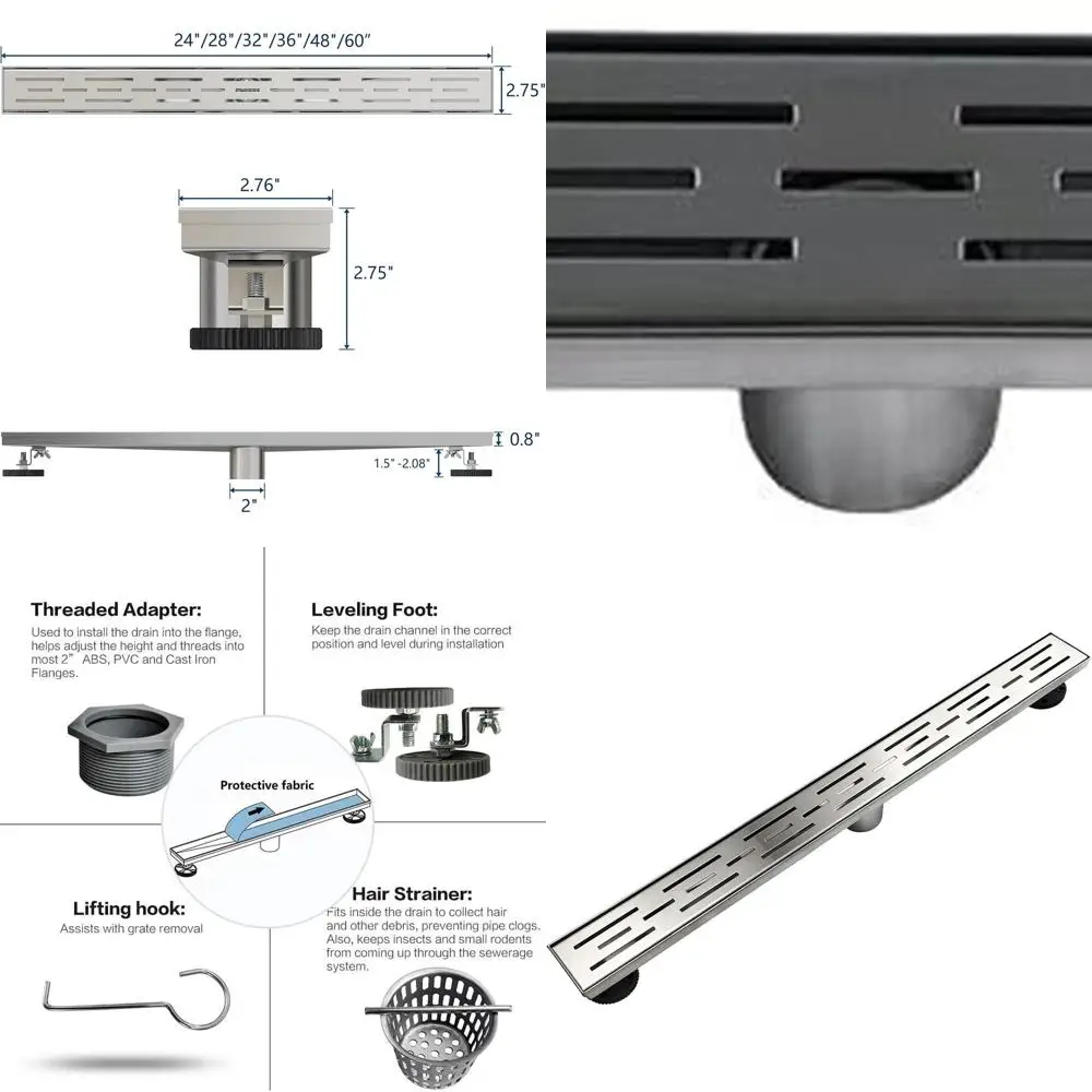 

28 Rectangular Shower Drain with Brick-Style Grate in Brushed 304 Stainless Steel, Includes Leveling Feet and Hair Catcher