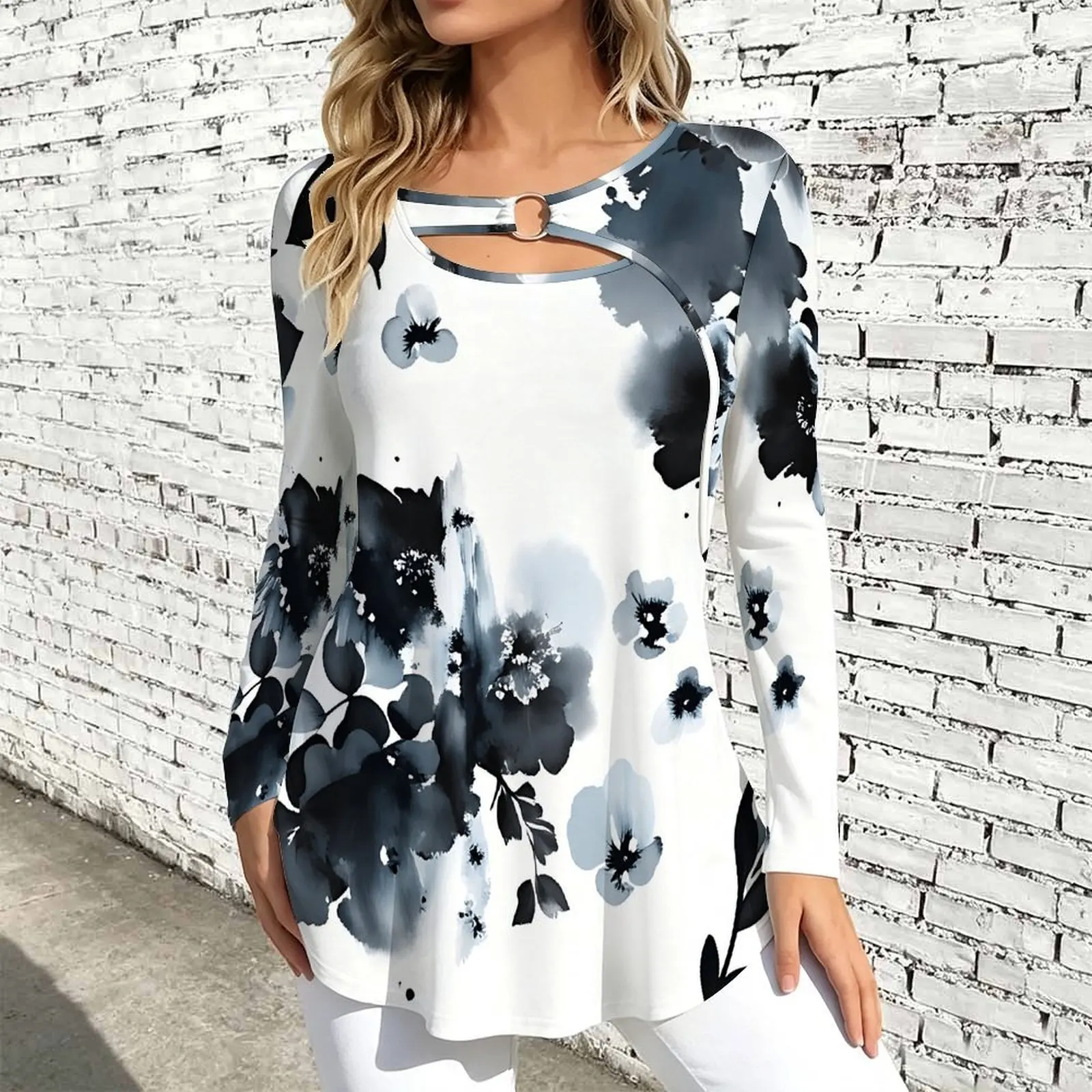 Women Long Sleeve Tunic Top Print O Ring Cutout Neck Loose A Line Hem Casual Ladies Blouse