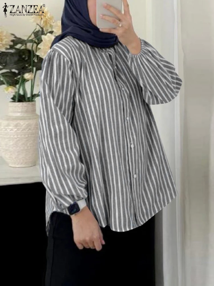 ZANZEA, blusa a rayas a la moda para mujer, camisa de otoño de manga larga con botones, Blusas de trabajo elegantes informales, Tops musulmanes Eid Mubarek