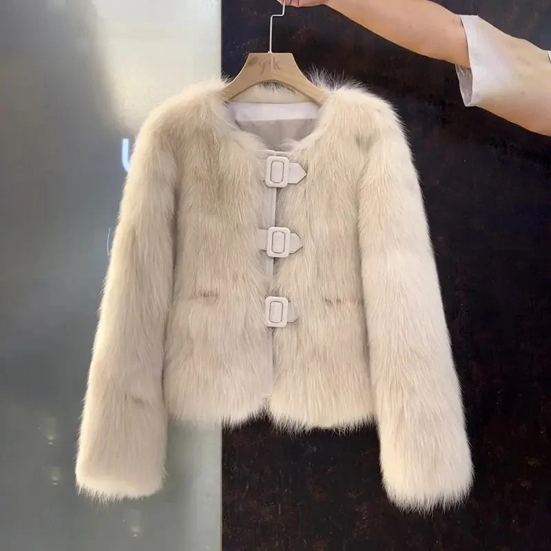 Korean Temperament Autumn And Winter New Ladies Jacket Fashion Slim Fur 2023 Leather Buckle Small Fragrance Short Coat Woman