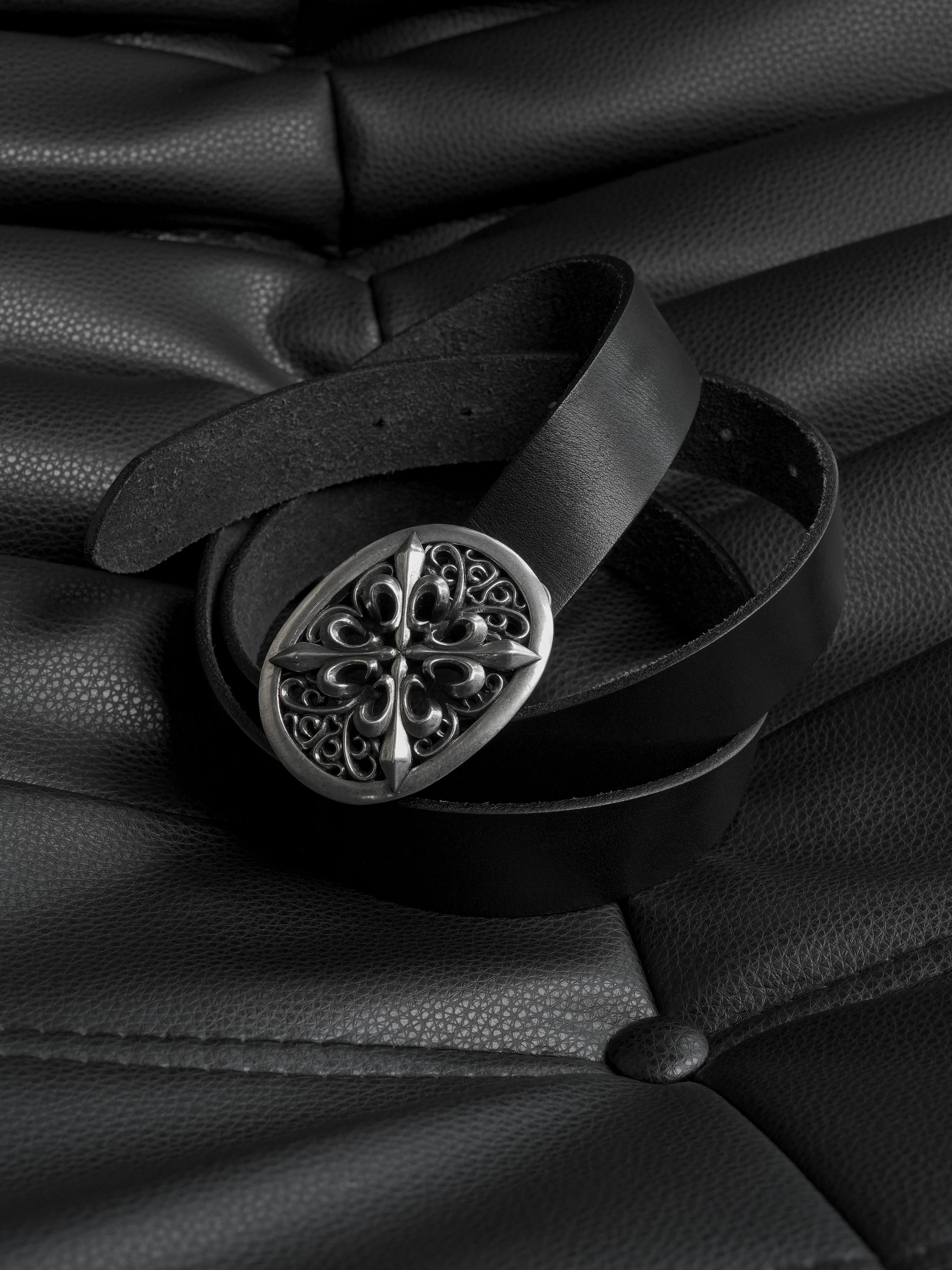 eodup-darkened-silver-plated-leather-belt-with-iris-flower-buckle-handcrafted-geometric-pattern-waist-belt-for-unisex-use