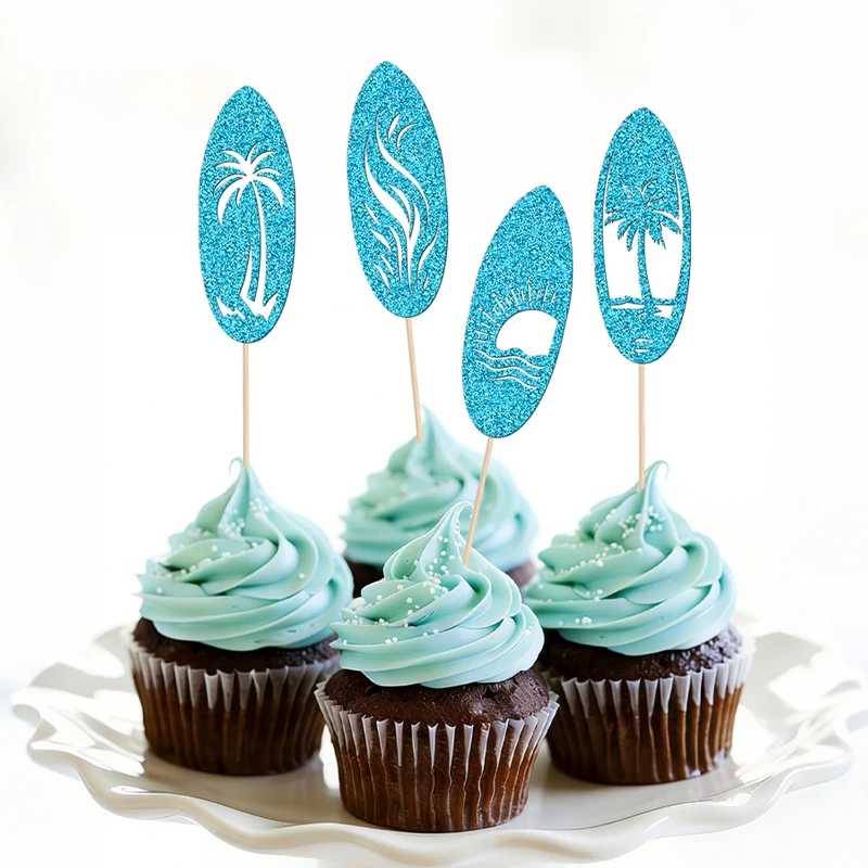 NUBECOM 24 Stück Surfbrett-Cupcake-Topper, glitzernde Sommer-Surfbrett-Kuchenaufsätze für Duschpartys und Dekorationen – Detail 9