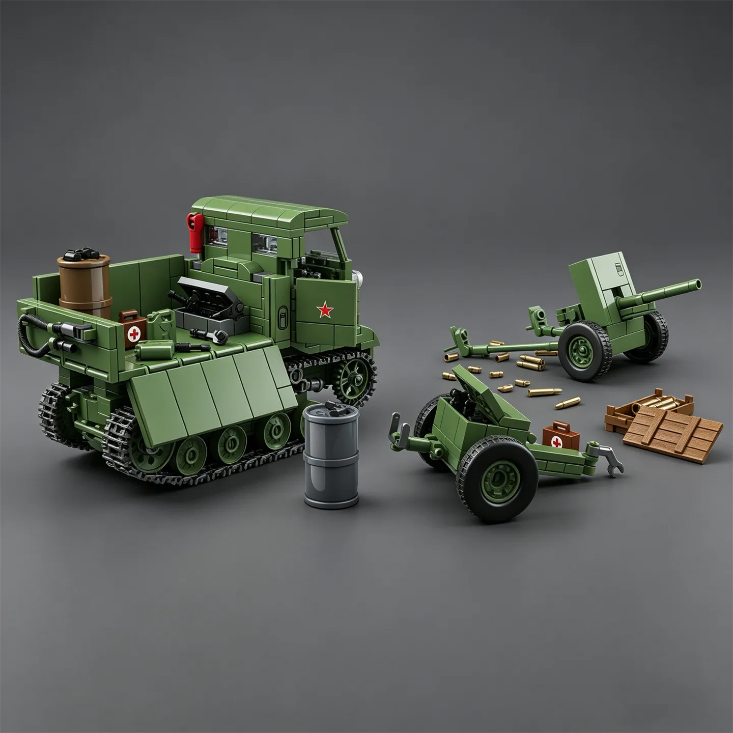 Soviet STZ-5 Tracked Transport Tractor RSO Building Block Model: Howitzer Tug, Anti-Aircraft Gun Tug, and Tank Model Toy