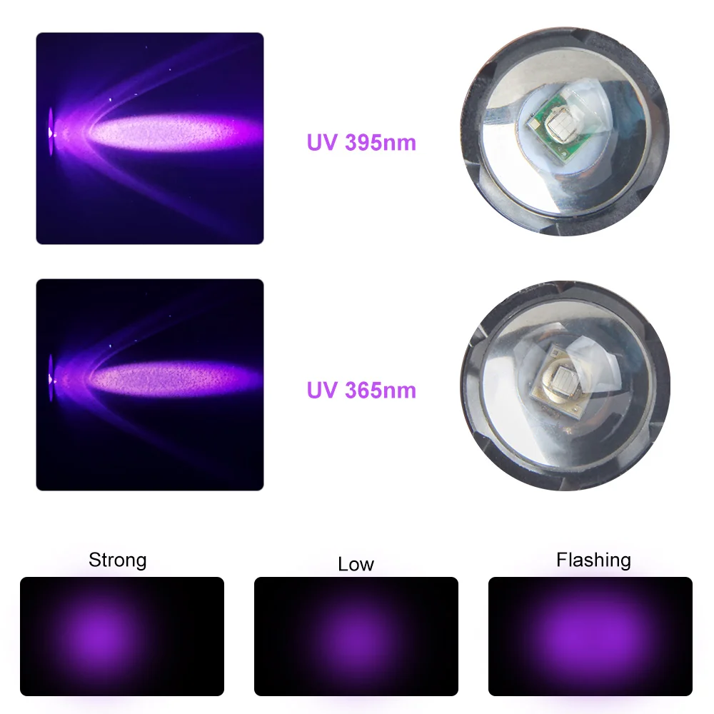 미니 UV 손전등 줌 가능 USB 충전 보라색 조명 토치, 3 가지 모드 자외선 램프, 애완 동물 소변 전갈 감지기, 365nm, 395nm