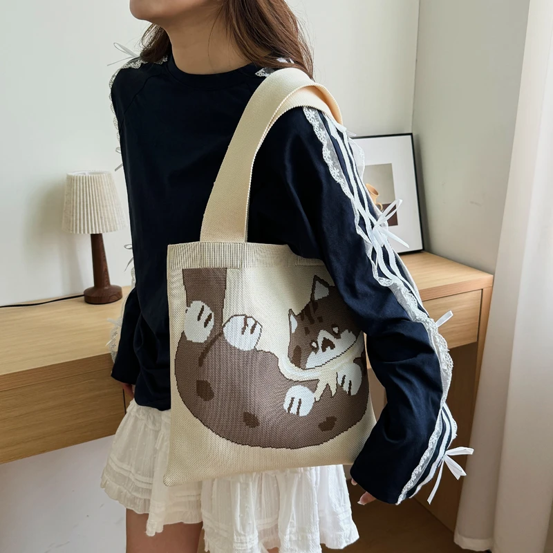 Sac à main de dessin animé de grande capacité pour femmes, sac de livre universitaire, sac de vacances simple et décontracté, chat mignon, mode, ogo, femme