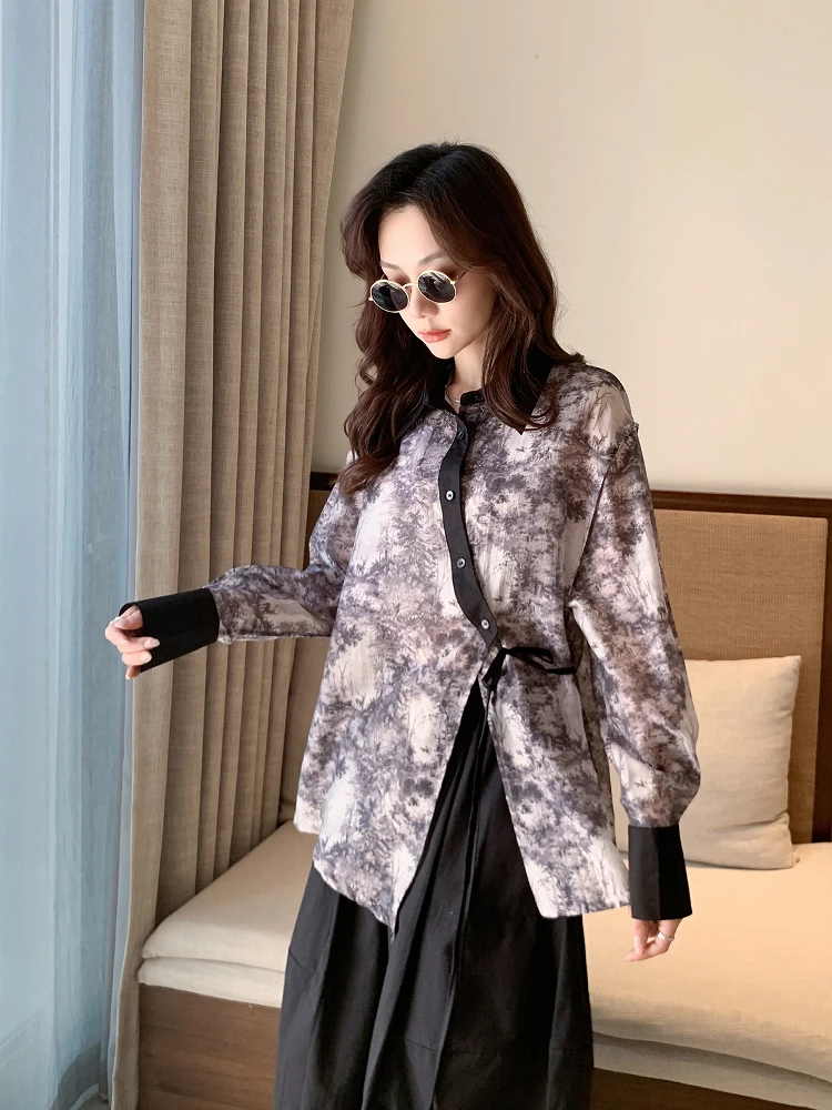 

Модная блузка с акварельным принтом, осень 2025, новинка, солнцезащитная, асимметричный дизайн, свободный крой, длинный рукав