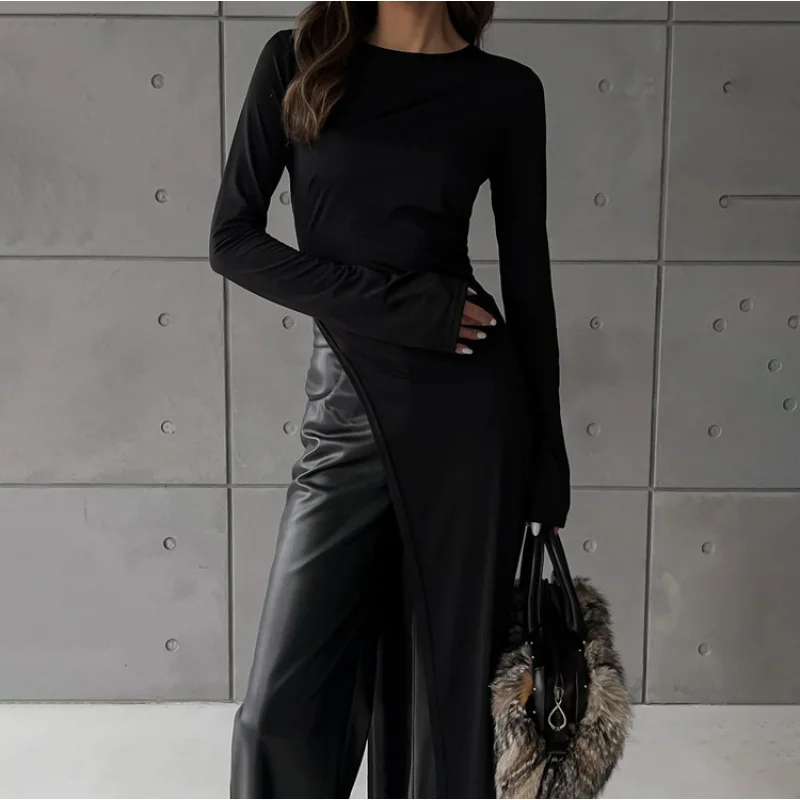 

2025Spring and Autumn New Fashion Irregular Slit Solid Color Round Neck Long Sleeve Dress Women's Wholesale