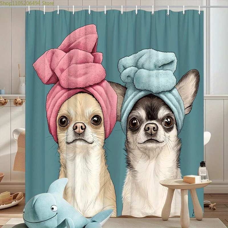 

1pc Whimsical Chihuahuas with Towel Heads Digital Art Shower Curtain, Featuring Playful Cartoon Dogs with Large Eyes, Bathroom