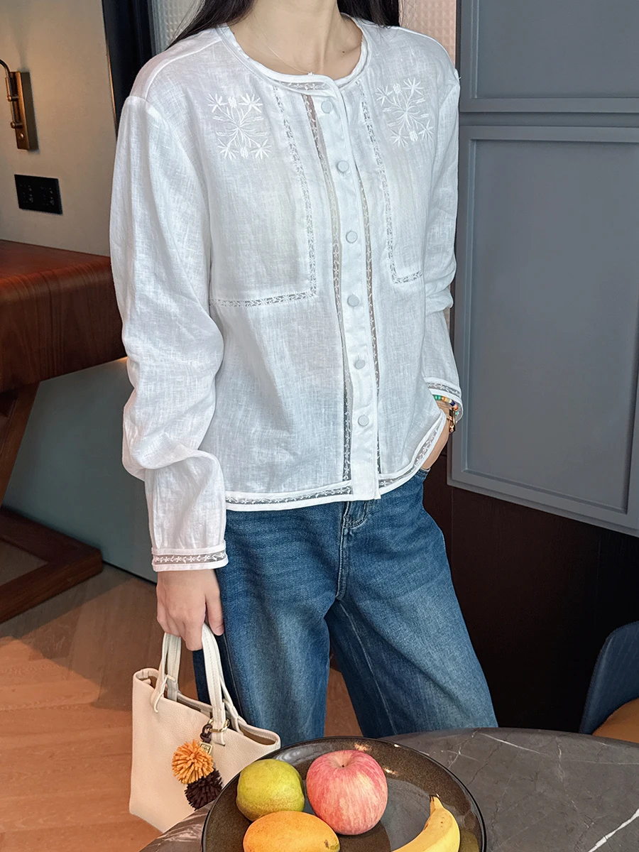 

Loose Fit Linen Lace Trim irt Chinese Sle round Ne Long Sve Sun Protection Hollow out Flat Embroidery Snowflake Patc...