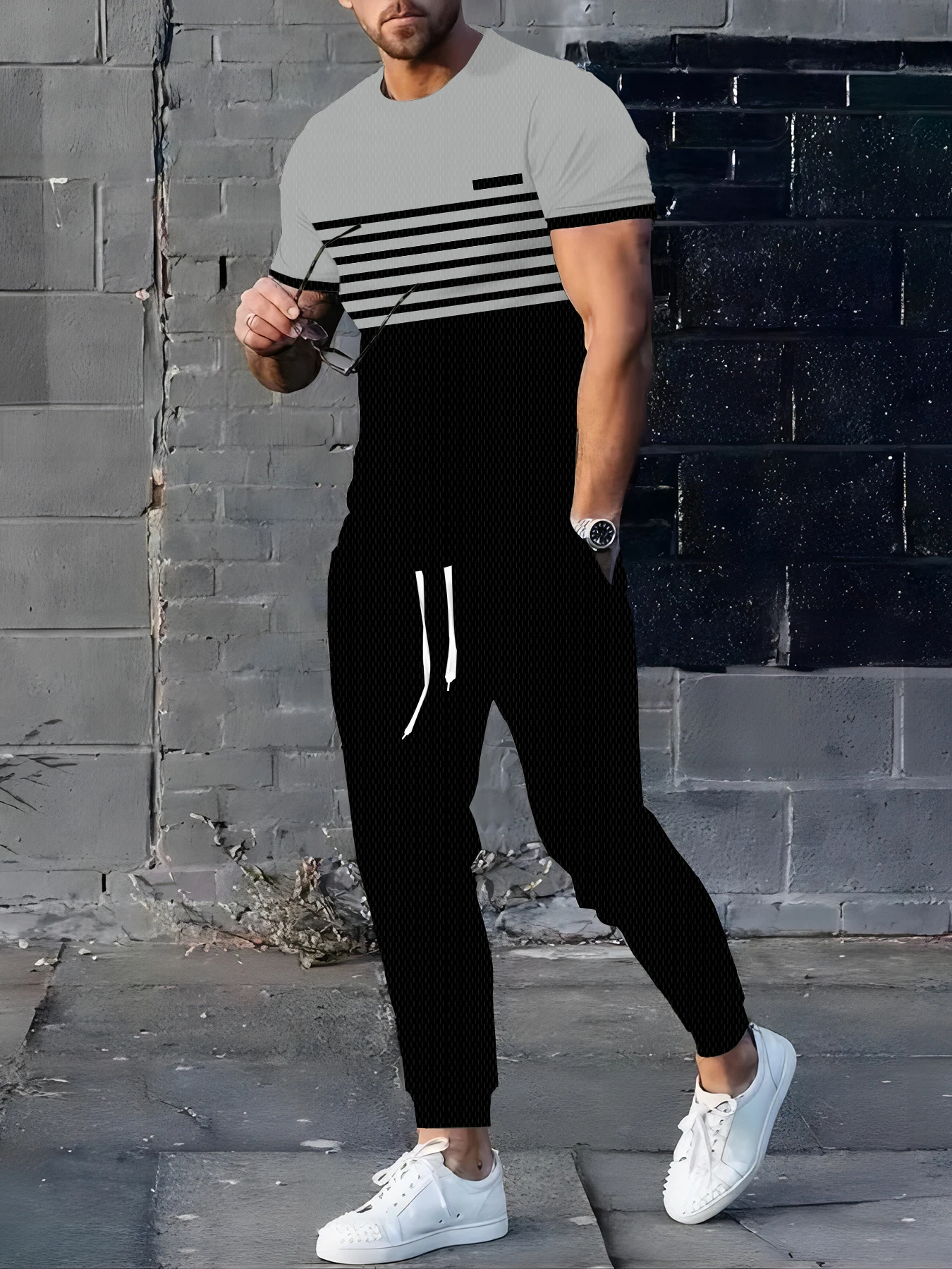 

Autumn Simple Striped Printed Men's, Daily Loose And Casual Men's Short-sleeved Shirt And Drawstring Long Pants