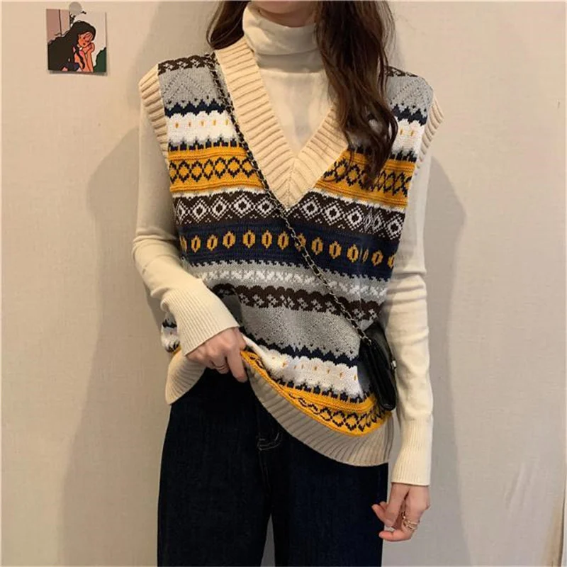 2022 Vintage Printed Sweater Vest Sleeveless Casual Outerwear Knitted Waistcoat Y2K Spring Autumn Girl Sweet Kawaii Pullover Top