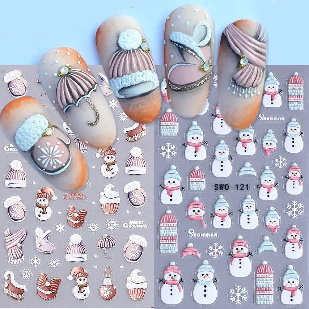2 قطعة عيد الميلاد مسمار ملصقات 5D تنقش سانتا كلوز قفازات ذاتية اللصق مسمار الشارات ندفة الثلج الشتاء DIY بها بنفسك مانيكير الديكور