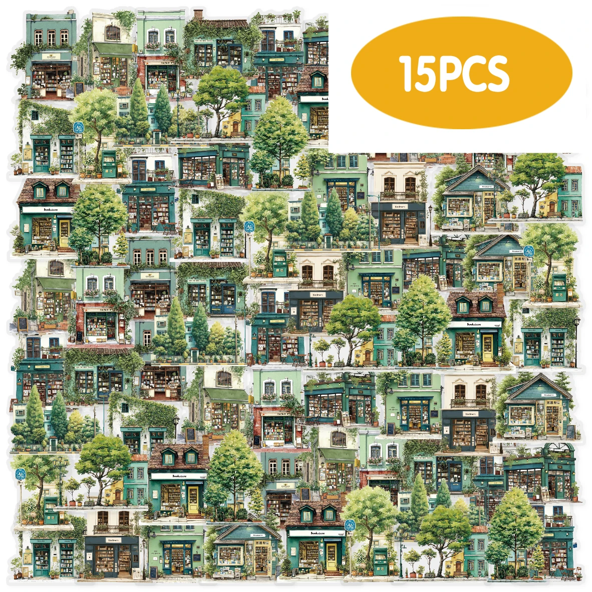 Etori Life 15 Stück Street Corner Book Nook Green Vintage Apartment Pattern Sticker Pack Dekoration für Laptop, Handyhülle, Koffer, handgefertigtes Scrapbook, Fotoalbum, Studentenbriefpapier,