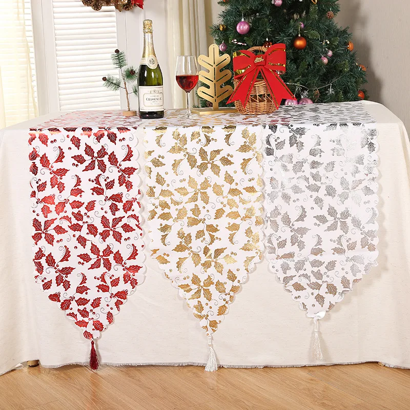 Christmas snowflakes, leaves, table runner, red printed stars, Christmas tablecloth, Christmas table decorations