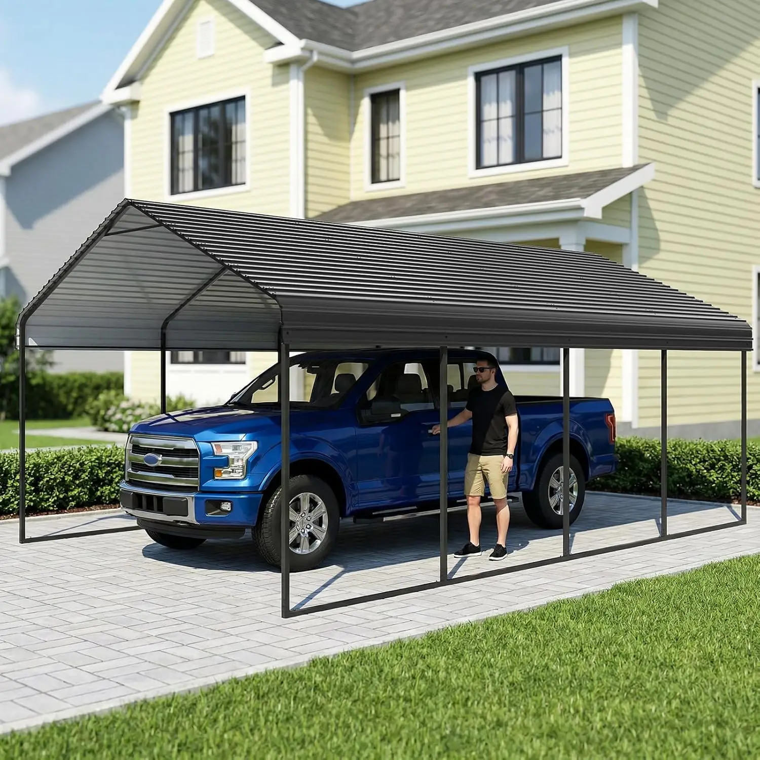 

12x20FT Metal Carport, Heavy Duty Galvanized Steel Garage Shelter with 0.25mm Iron Roof, 1.0mm Reinforced Frame, Customized