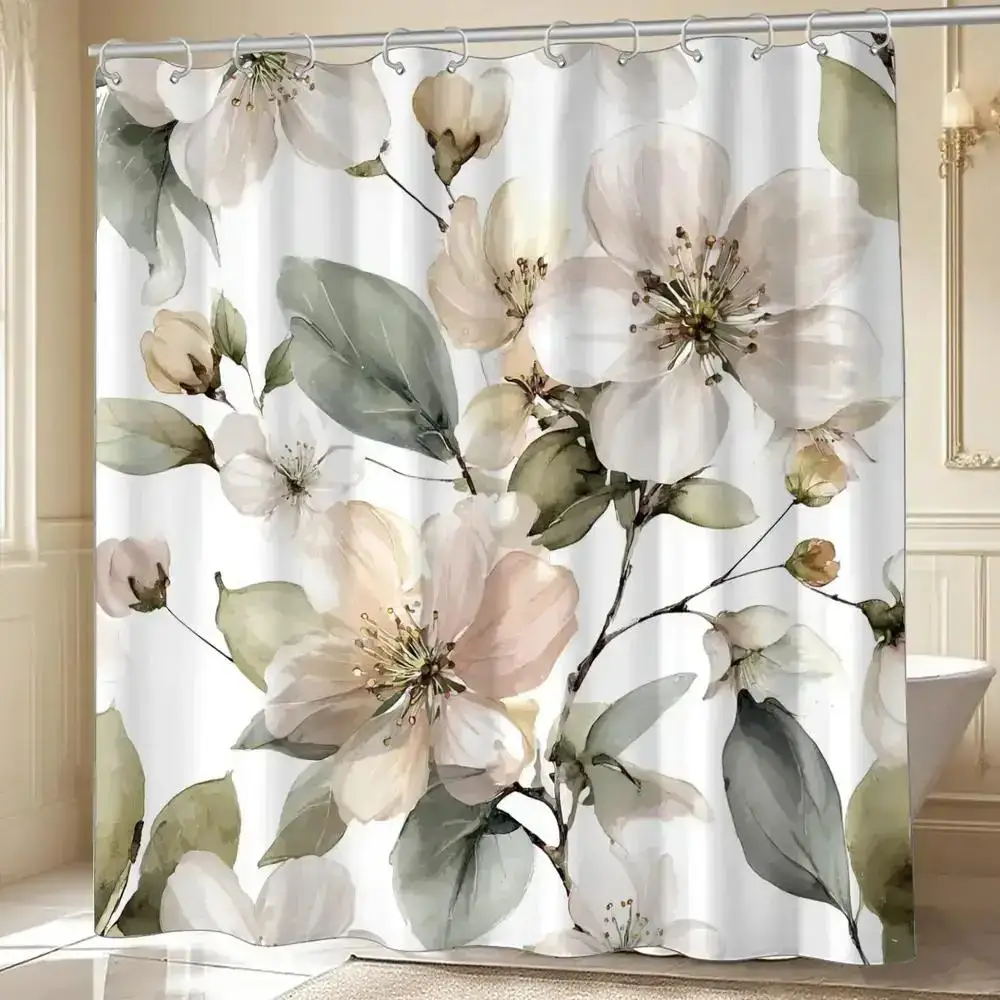 

Розовая и белая акварельная занавеска для душа с цветочным рисунком, полиэфирная ткань, которую можно стирать в машине, с крючками, подходит для украшения ванной комнаты