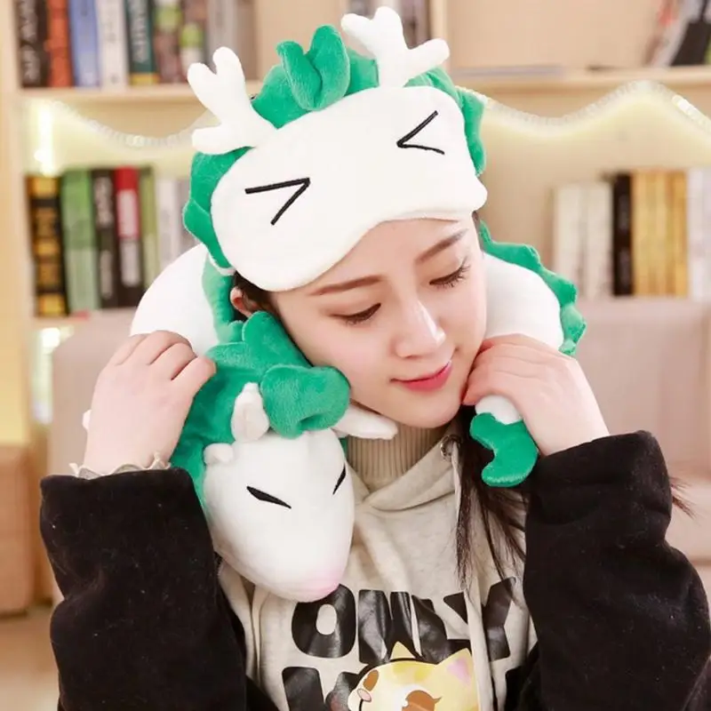 Creative Rest Neck Pillow White Dragon U Shaped Stuffed Animal Pillow Travel Use Sleeping Blindfold for Outdoor Home Office nap