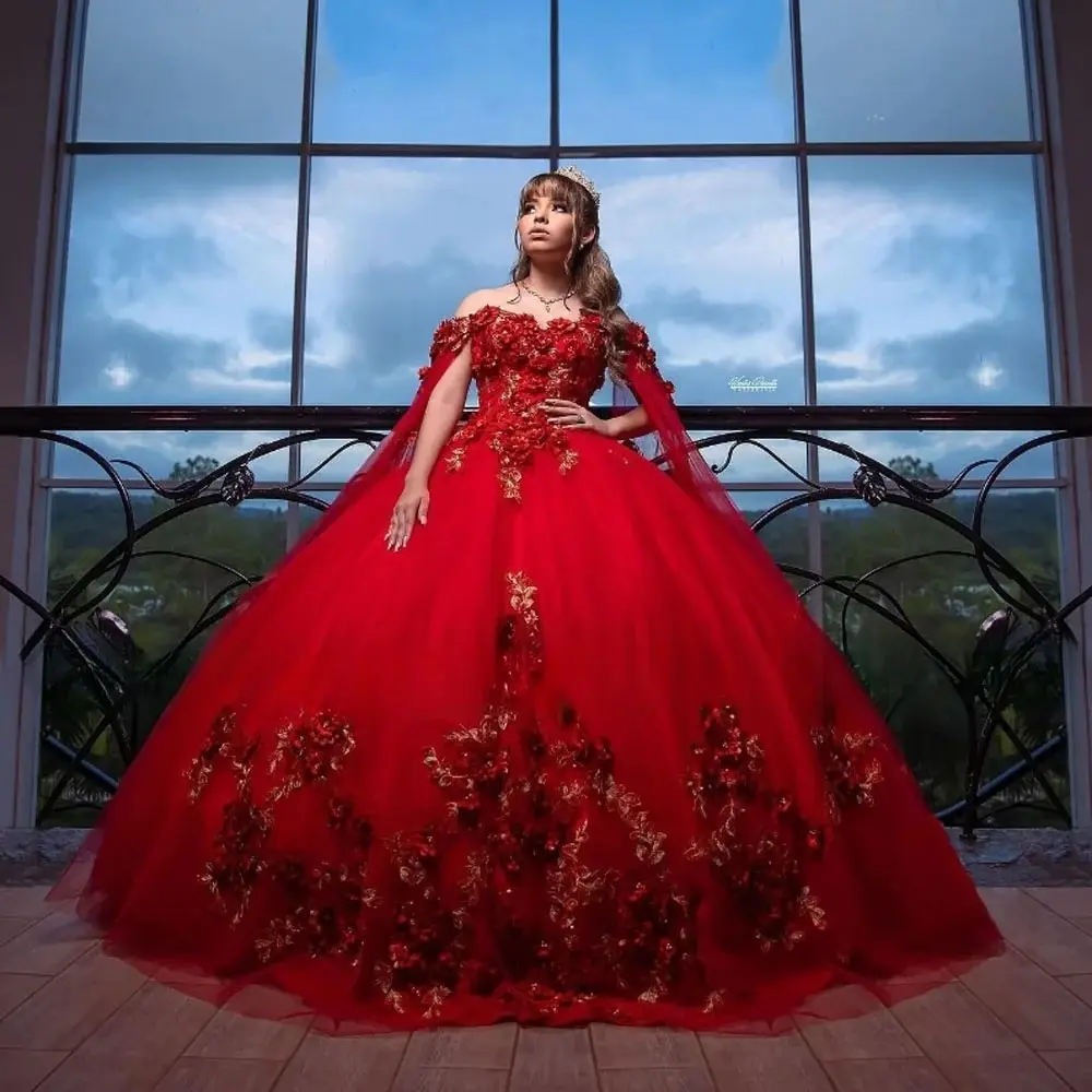 Rote Prinzessin Quinceanera Kleider 2024, 3D-Blumenblumen, Ballkleid, süßes 16-Kleid, Cape, Vestidos de 15 Jahre, Quinceañera, individuell gestaltet