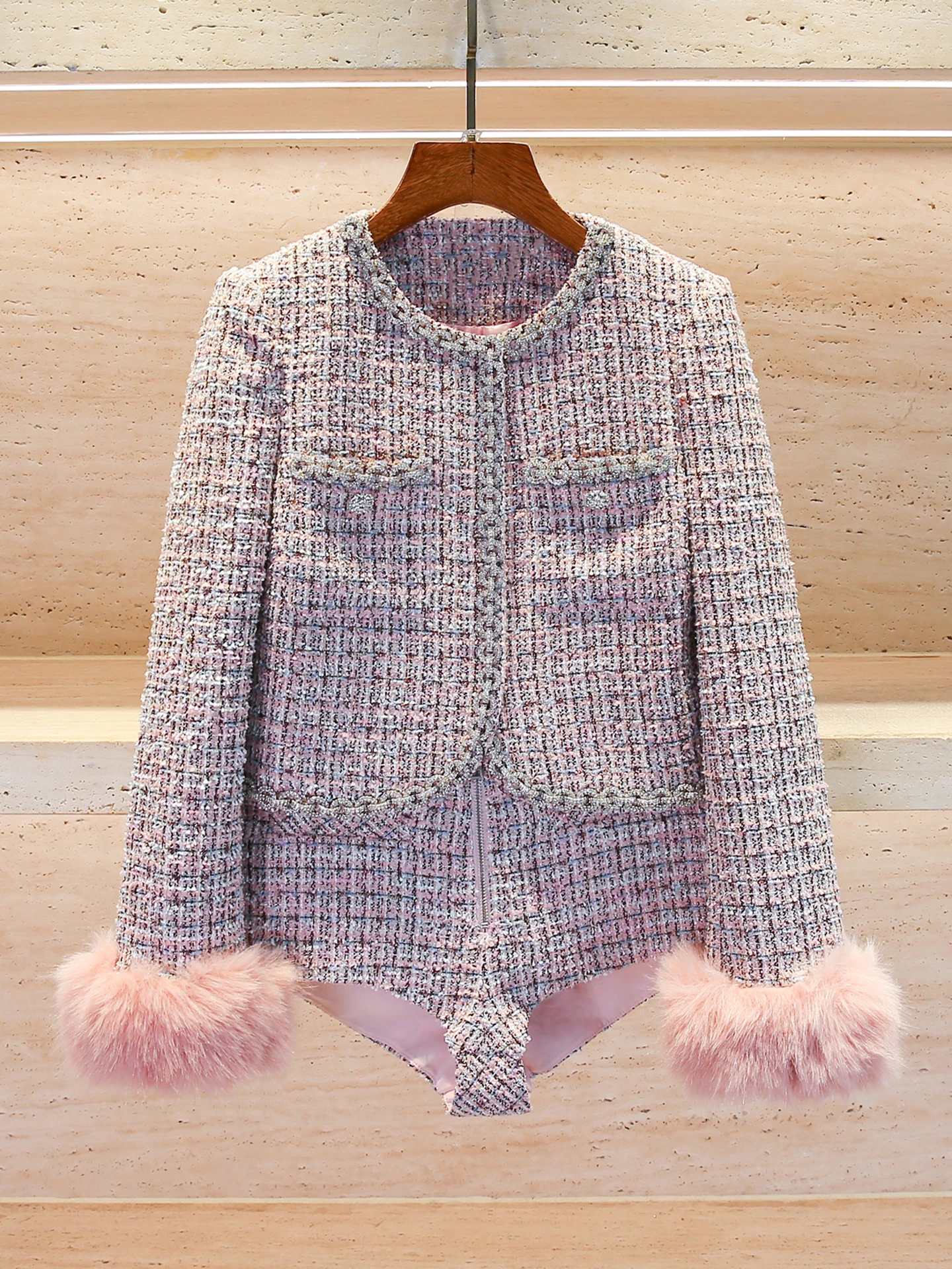 

High-End Women's Faion Set with Diamond Embellied Tweed Jaet And ort Pants Autumn Winter Commute Sle Polyester Fiber