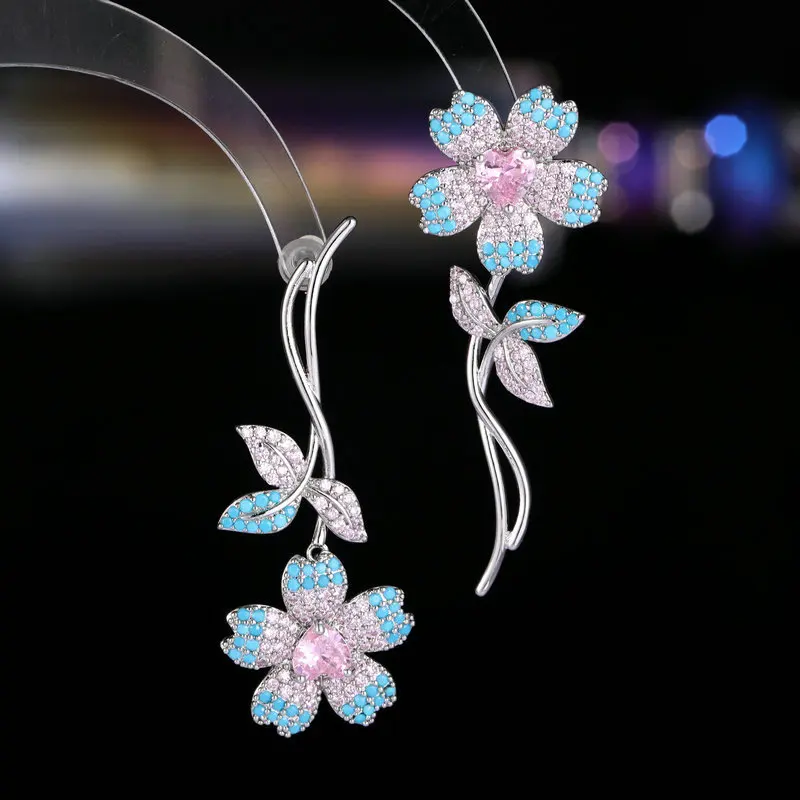 New Fashion Zircon Cherry Blossom Show Dress Earrings Creative Design Light Luxury And Luxury Asymmetric Flower Earrings