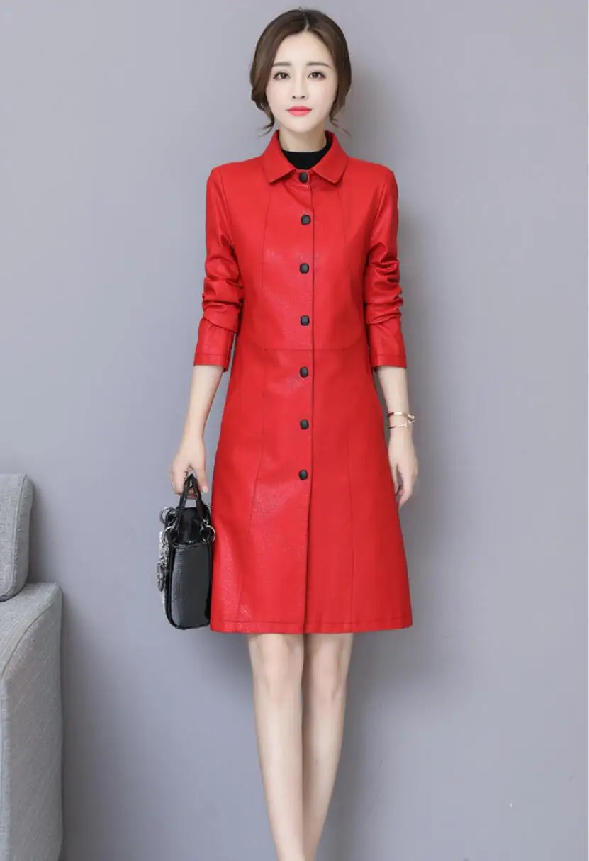 Trench da donna in pelle Moda casual O-Collo monopetto Top in pelle di pecora allentata Cappotto Capispalla lungo in pelle crosta