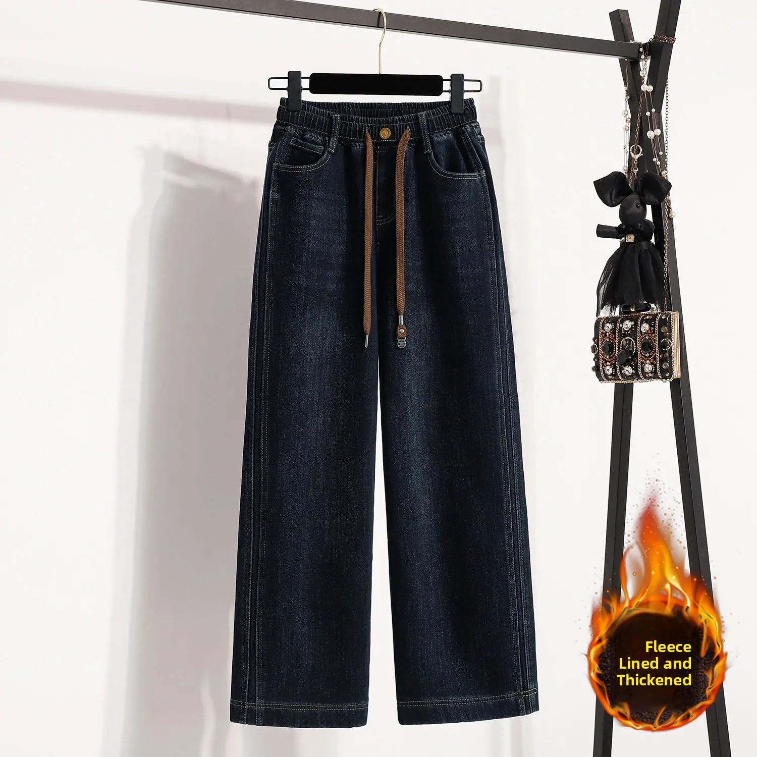 

Осенне-зимние джинсы больших размеров с эластичной флисовой подкладкой, однотонные, повседневные, прямого кроя, фиолетовые, длинные брюки с эластичным поясом