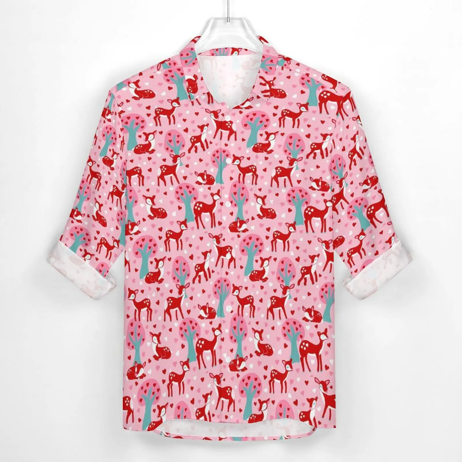 Pink Deer Print Shirt Men Valentines Day Casual Shirts Autumn Street Style Design Blouses Long Sleeve Retro Oversized Clothing